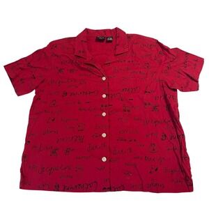 Erika Red Button Womens P LG VTG Unique Graphic‎ Short Sleeve Shirt Female Icons